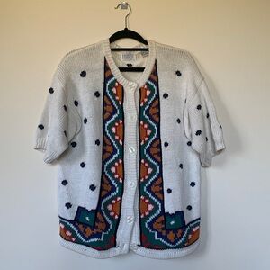 Vintage Unique Funky White Cardigan Short Sleeve Sweater Purple Roses Size Large